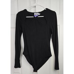 Future Collective Women's Ribbed Cut Out Neck Black Bodysuit- Size Small